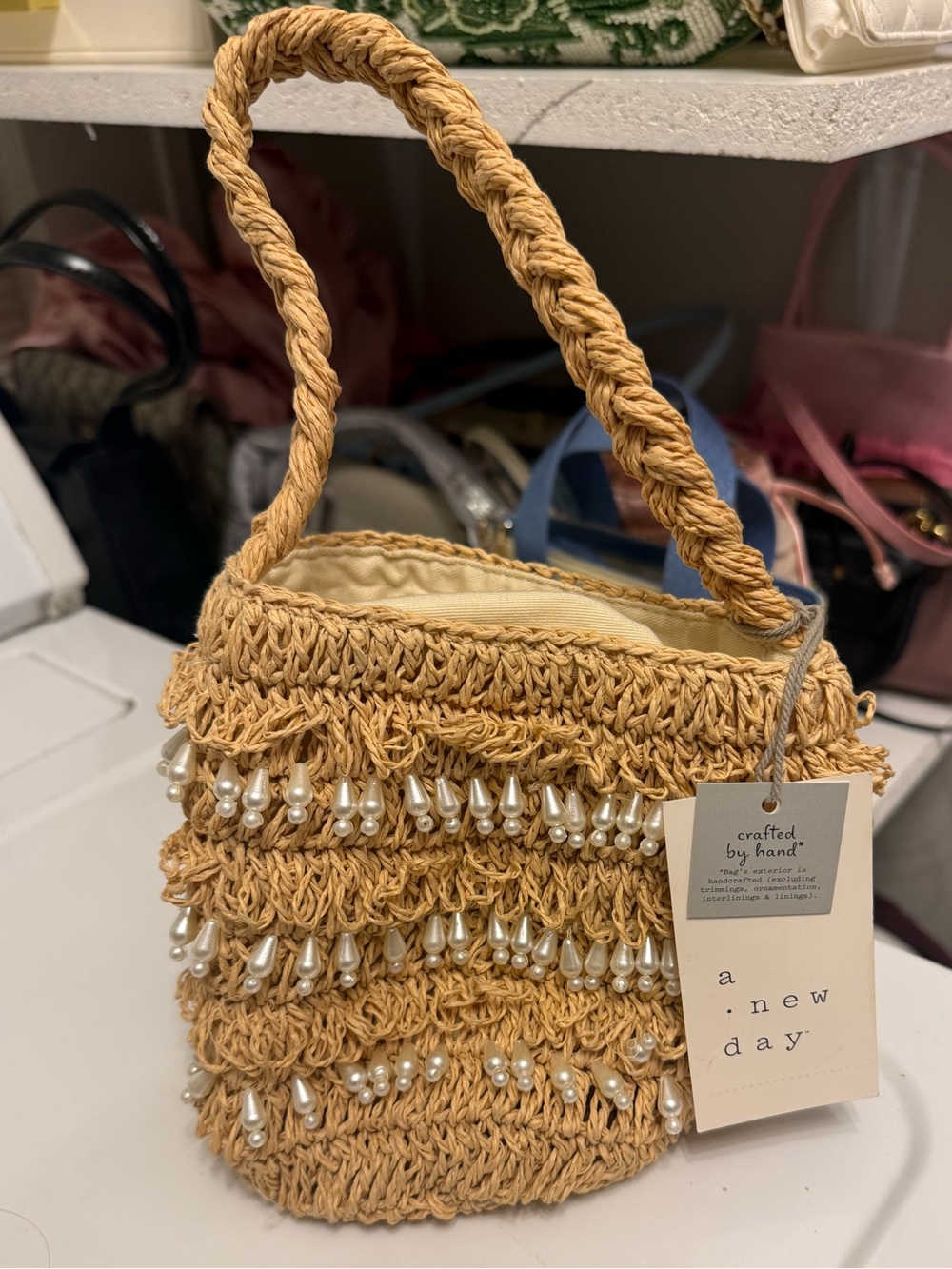 Raffia Pearl Bucket Bag NWT